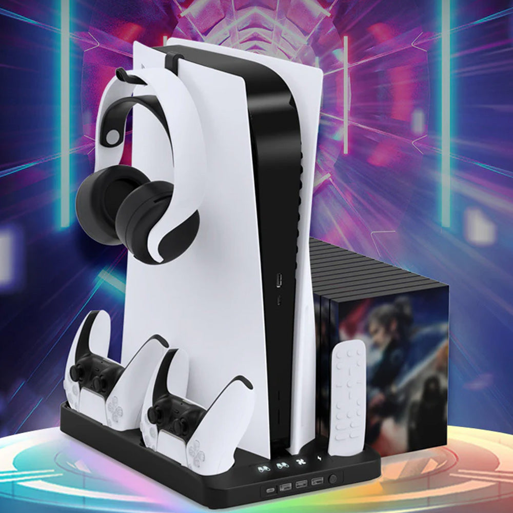 Gaming For PS5 Slim Pro Docking and Cooling Station Charger Headset Holder With RGB Light-Black