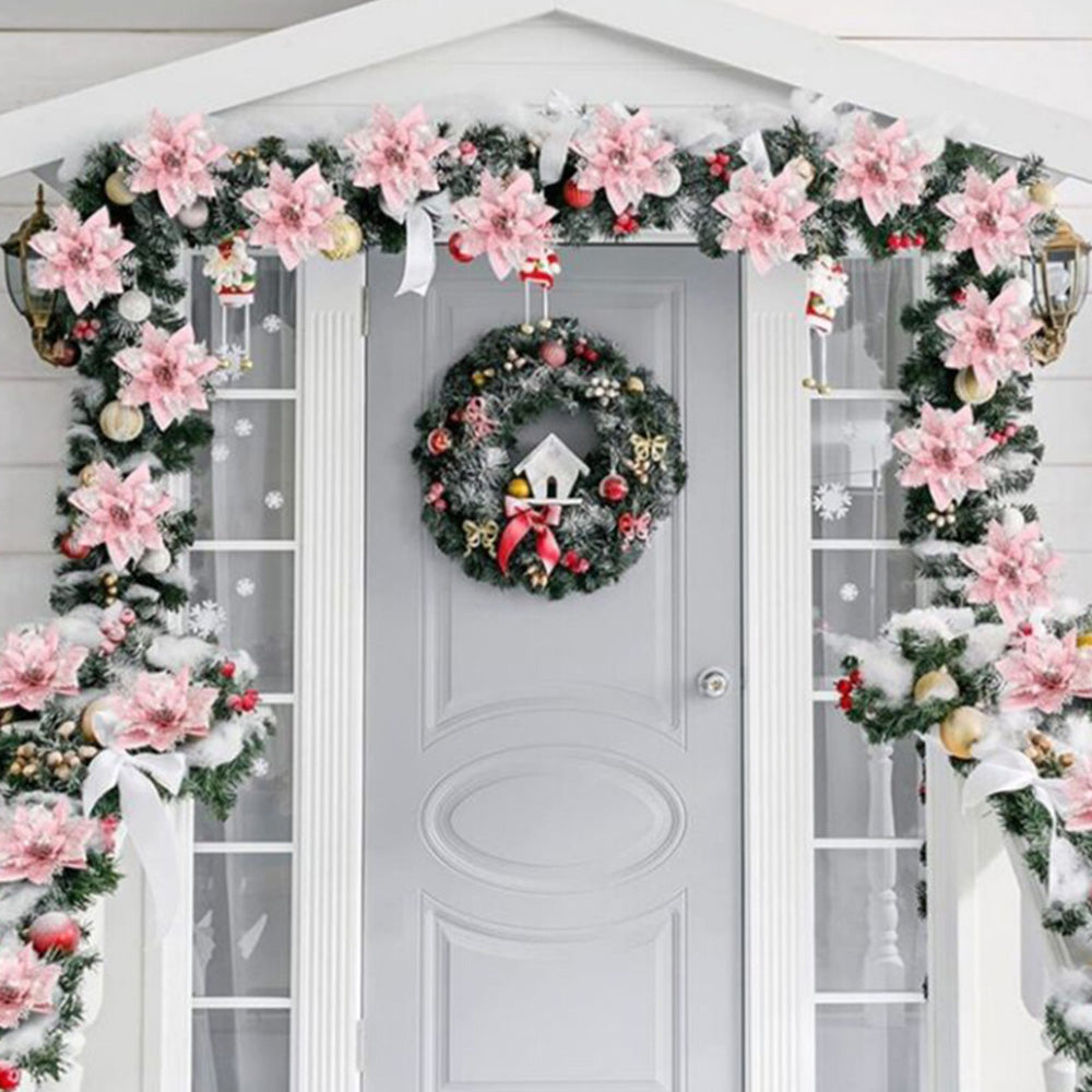 10Pcs Red and Gold Poinsettia Artificial Christmas Flowers ¨C Xmas Tree Ornaments Pink