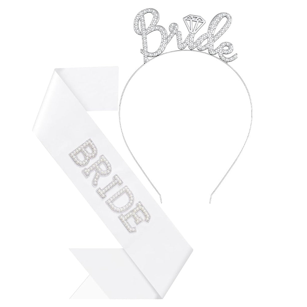 Bride Accessory with Veil Sash and Headband for Bachelorette Party-White