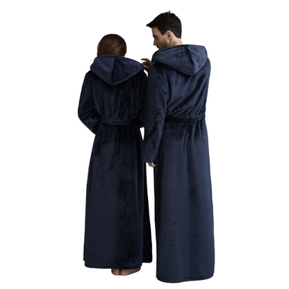 Unisex Winter Long Bathrobe Solid Warm Hooded Bath Robe for Lovers Dark Blue