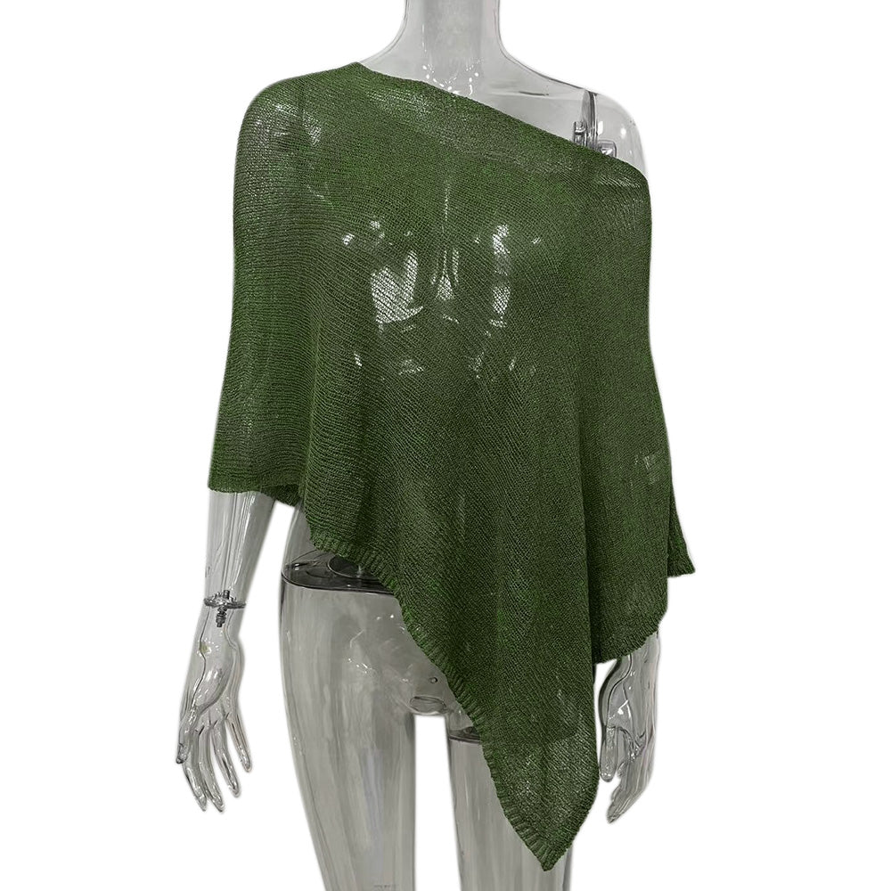 Summer Irregular Sheer Poncho Shawl Beach Cover Up - Green