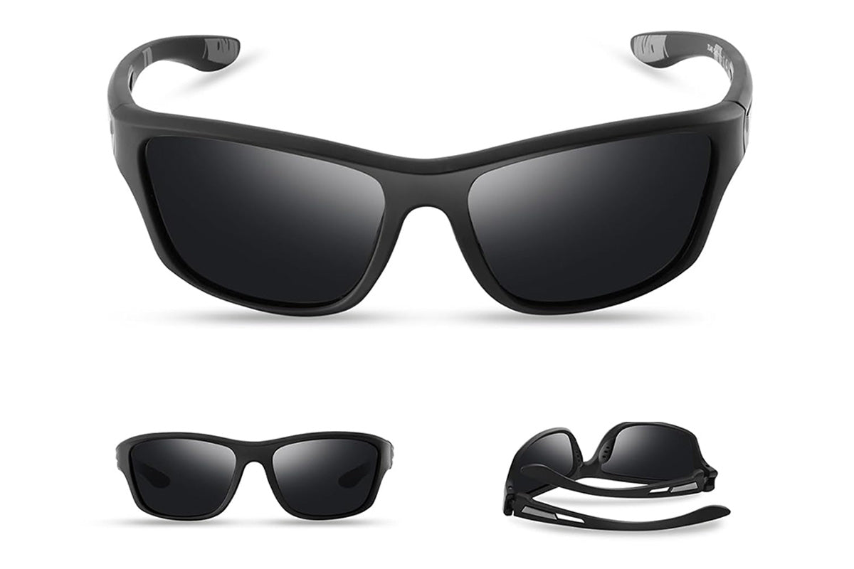 Men Sunglasses Polarized Glasses Fishing Wrap Around Eyewear with Strap and Zippered Case-Black