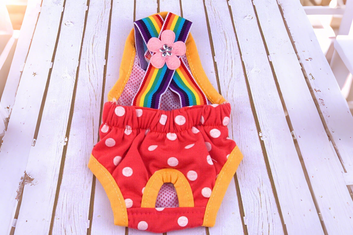Cute Harness Female Dog Sanitary Pants Reusable Menstrual Diaper-Red