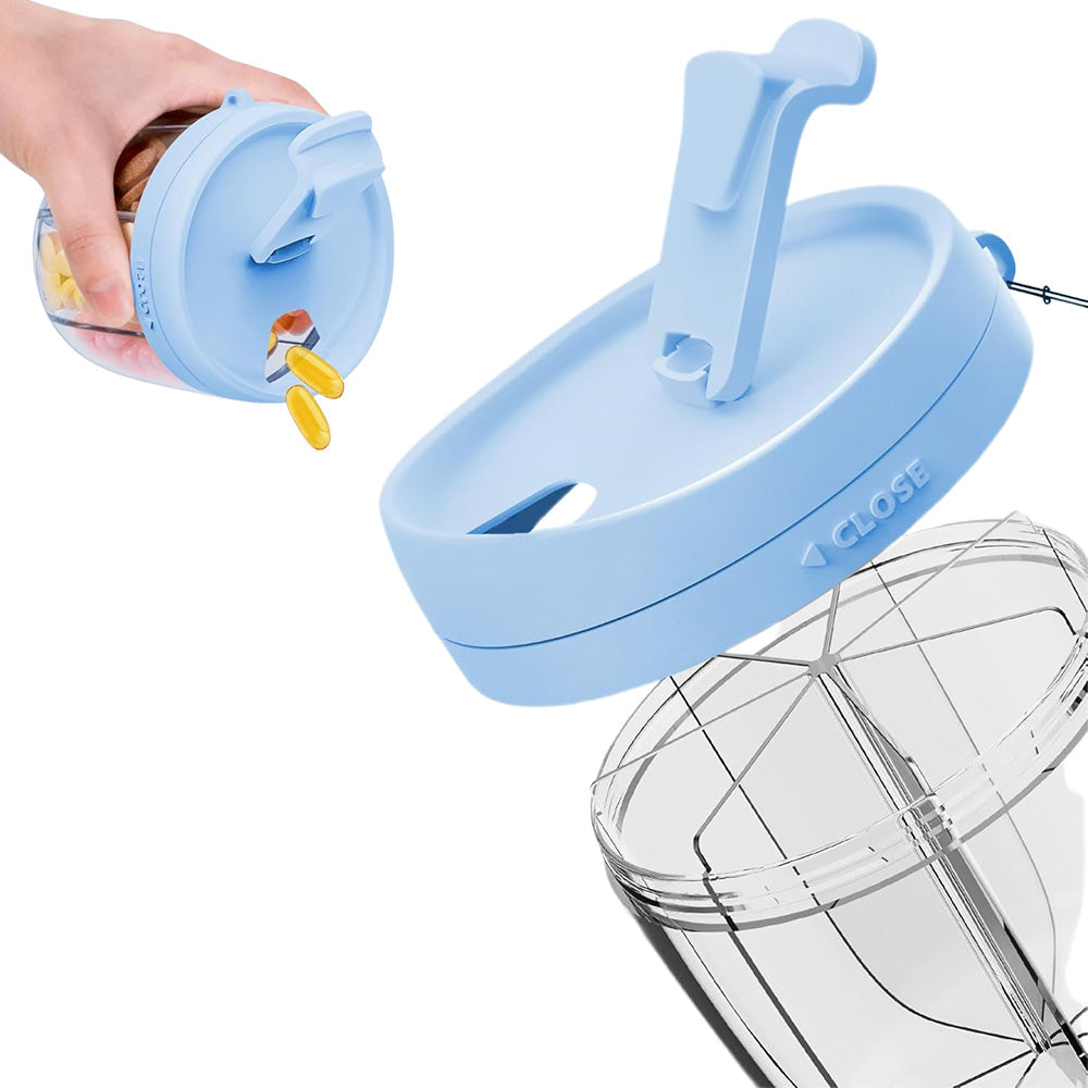 7-Compartment Pill Organizer Bottle with Handle & Rotating Lid for Travel Blue