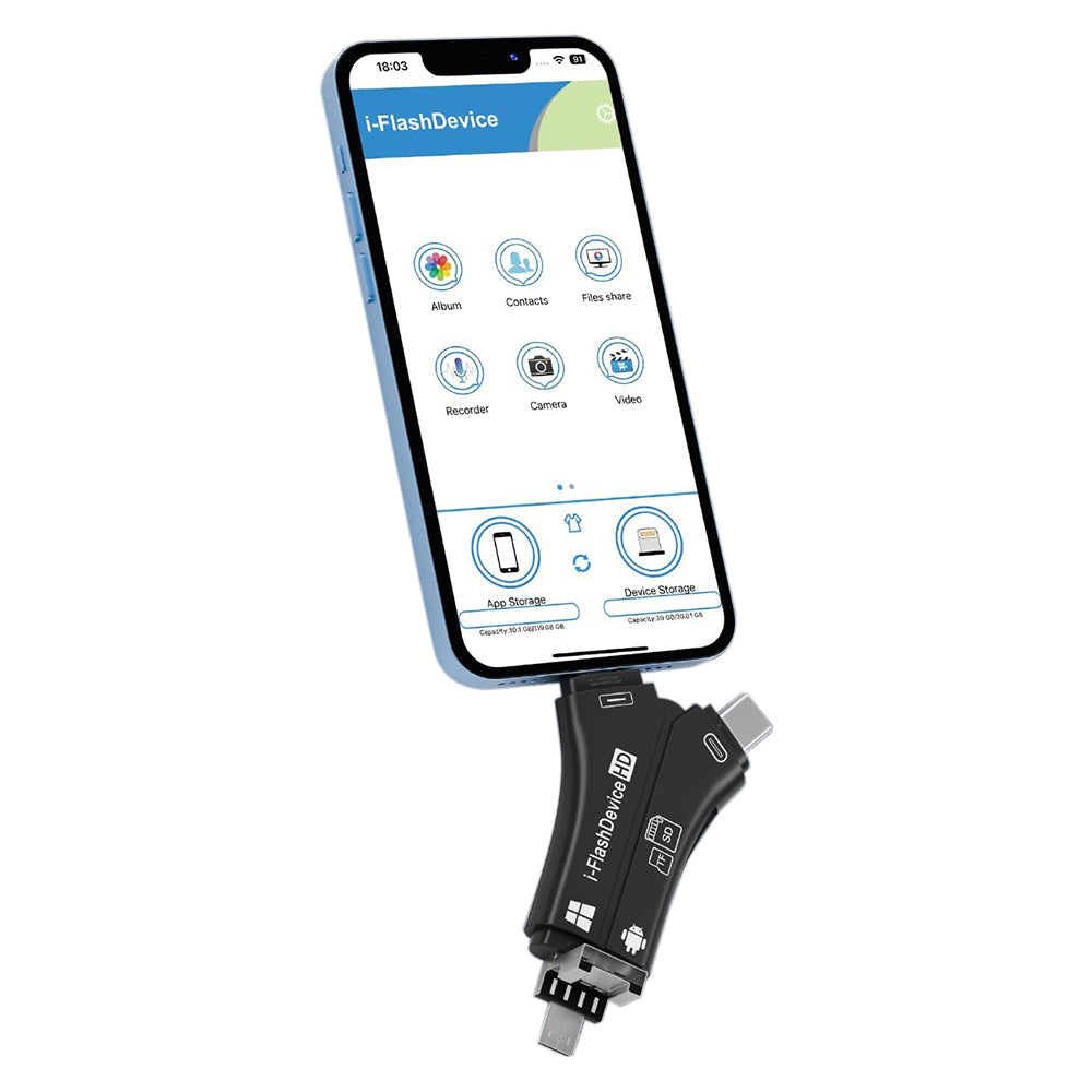4-in-1 Multi-Port Memory Card Reader â€?USB, USB-C, Micro USB, SD/TF Card Slots and iOS Charging Port Adapter