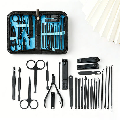 26Pcs Stainless Steel Nail Clipper Set Manicure Pedicure Kit Leather Case-Blue
