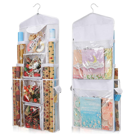 Hanging Wrapping Paper Storage Bag Double-Sided Gift Wrap Organizer Holder White