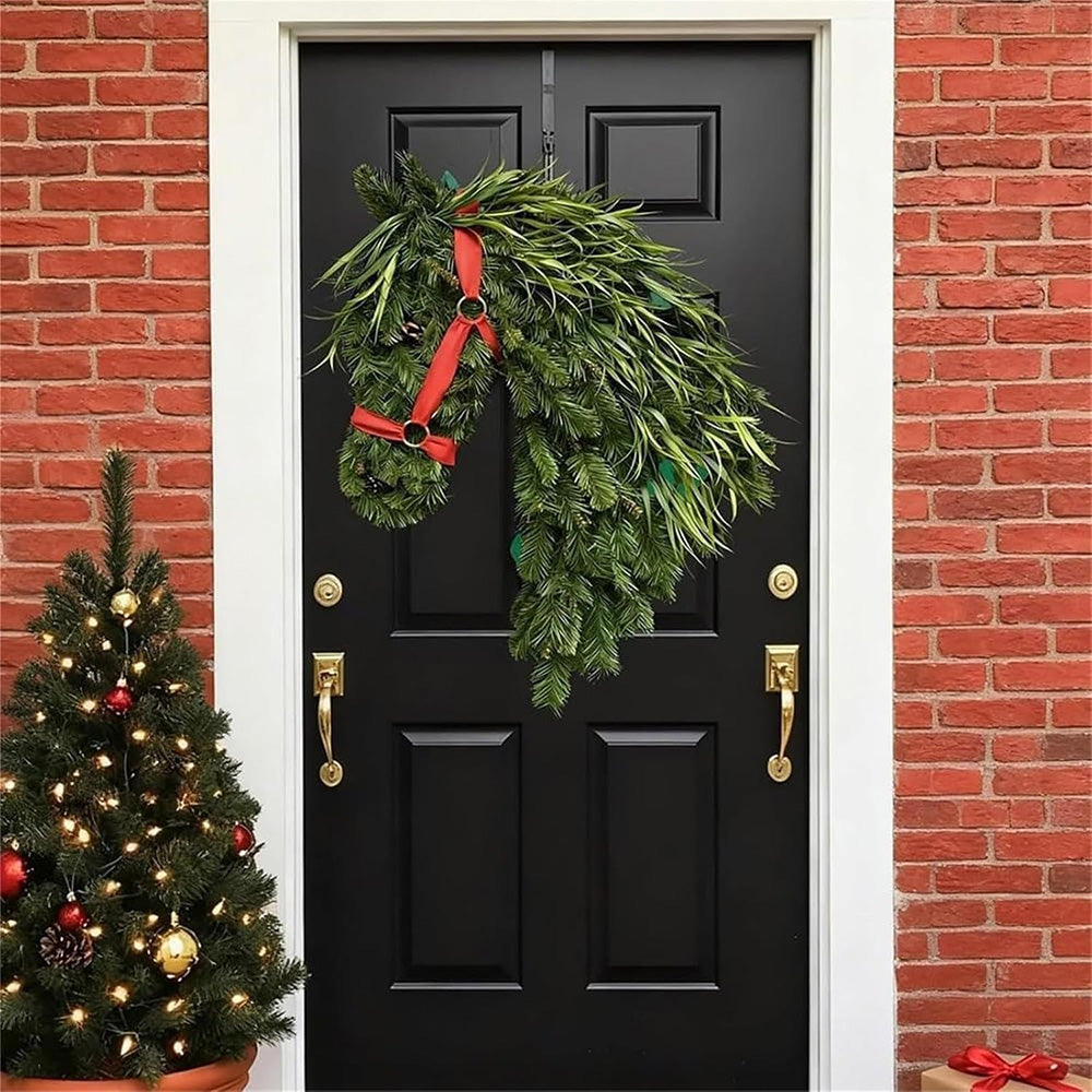 Christmas Horse Head Wreath Artificial Pine Pinecone Door Decor 35x45cm
