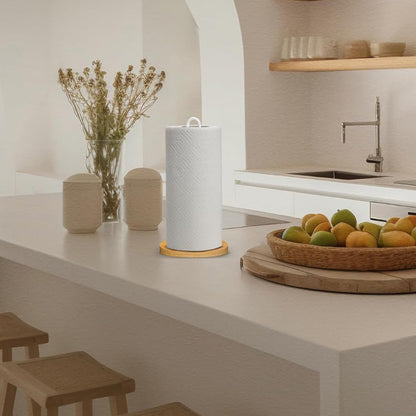 Freestanding Paper Towel Holder with Non-Slip Wood Base for Countertop White