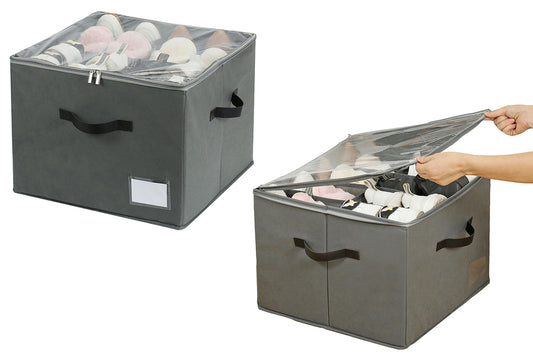 2Pcs 12 Grids Foldable Shoe Storage Organizer for Closet with Transparent Lid Fits 12-16 Pairs for Shoes Sneakers Sandal Heels-Grey