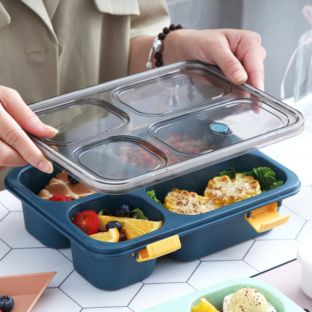 Portable 4-Compartment Microwaveable Lunch Box Bento Box with Cutlery Blue
