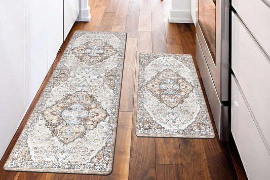 2Pcs Boho Anti-Fatigue Kitchen Mats Non-Slip Cushioned for Kitchen Sink Laundry -Khaki