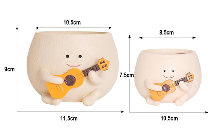 2Pcs Smily Face Planter Pot with Drainage Hole Cute Resin Head Planters Unique Guitar Succulent Pots for Indoor Outdoor Plants Gift-Each of Size