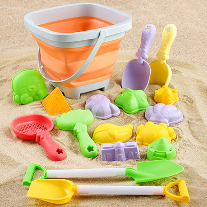 17 Piece Set Beach Toy Set with Foldable Sand Bucket - Orange