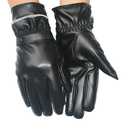 Pair of Women Winter Gloves Touch Screen Driving Warm PU Leather Gloves Style 2
