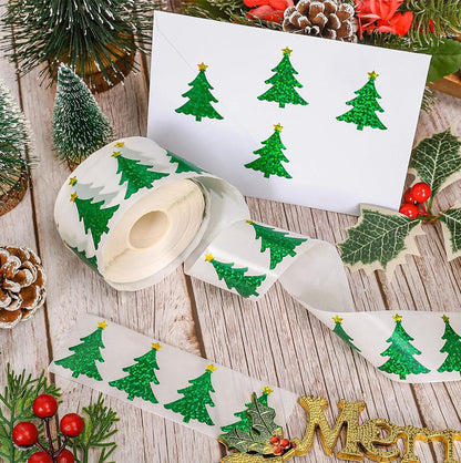 2 Rolls of 500 Christmas Holographic Stickers 3cm Diameter - Christmas Tree