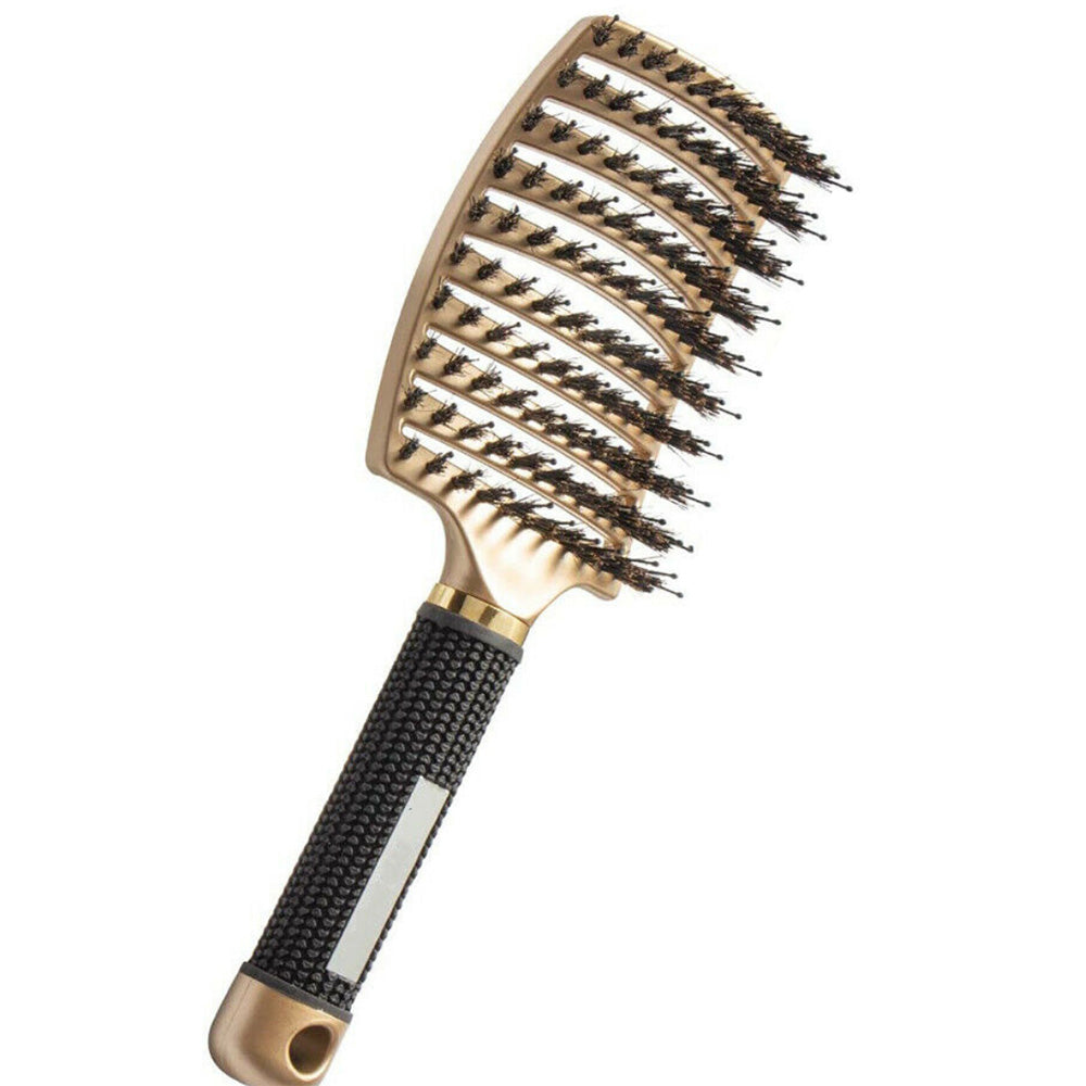Detangle Nylon Boar Bristle Brush Head Scalp Massage Comb For Fine Hair-Gold
