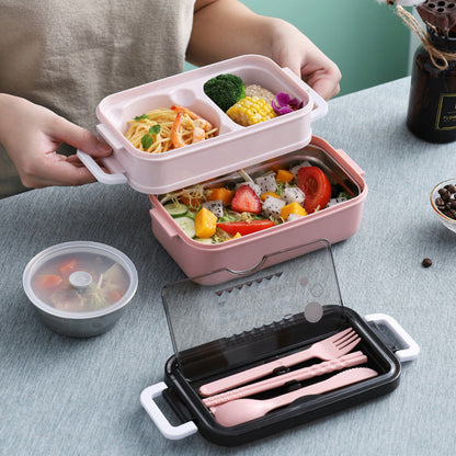 Stackable 3-Compartment Bento Box Lunch Containers with Dinnerware & Seal Cover Pink