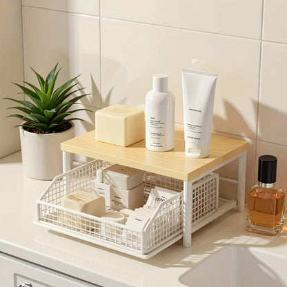 Kitchen Countertop Riser Storage Rack with Pull Out Drawer Basket - White