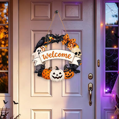 2 Pack Engineered Wood Halloween Ghost Pumpkin Hanging Door Signs - Welcome