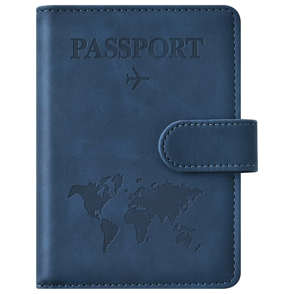 Passport Holder RFID Blocking Leather Cover Wallet With Magnetic Closure For Travel Essentials-Blue