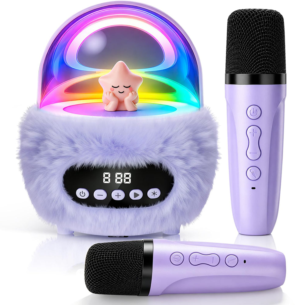 2 in 1 Portable Plush Speaker and Alarm Clock with Dual Mics - Purple