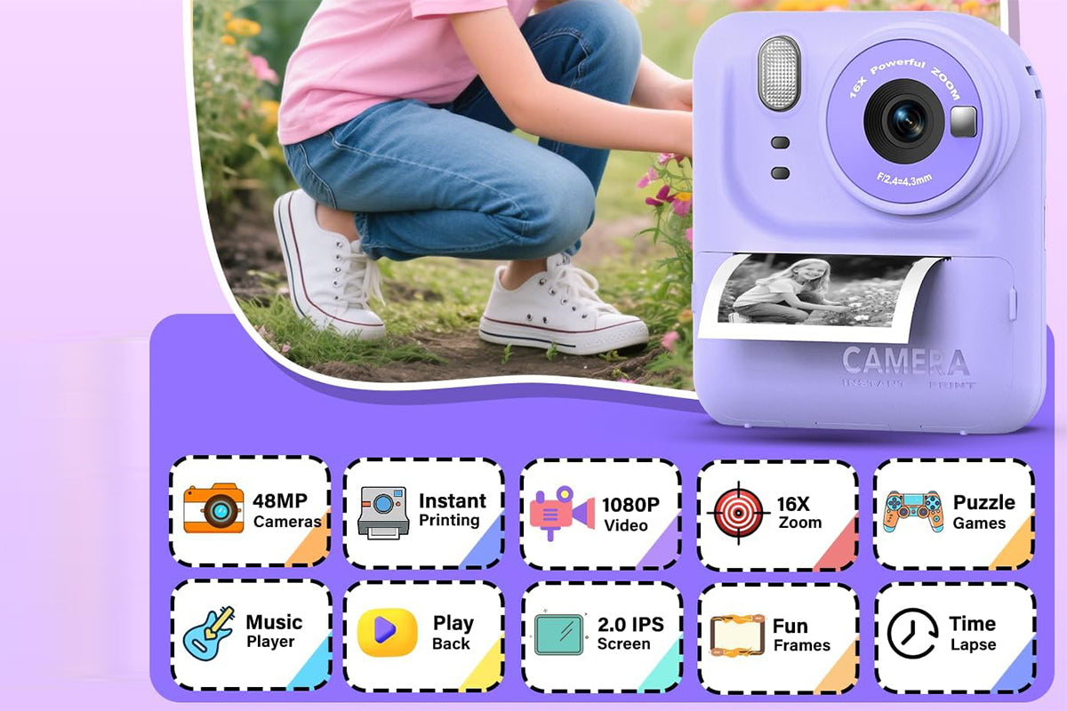 Boy and Girls Camera Instant Print Photo Portable Thermal Printing Camera-Purple