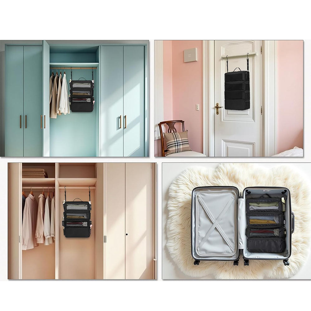 Large Hanging Travel Organizer with 4 Compartments  - Black