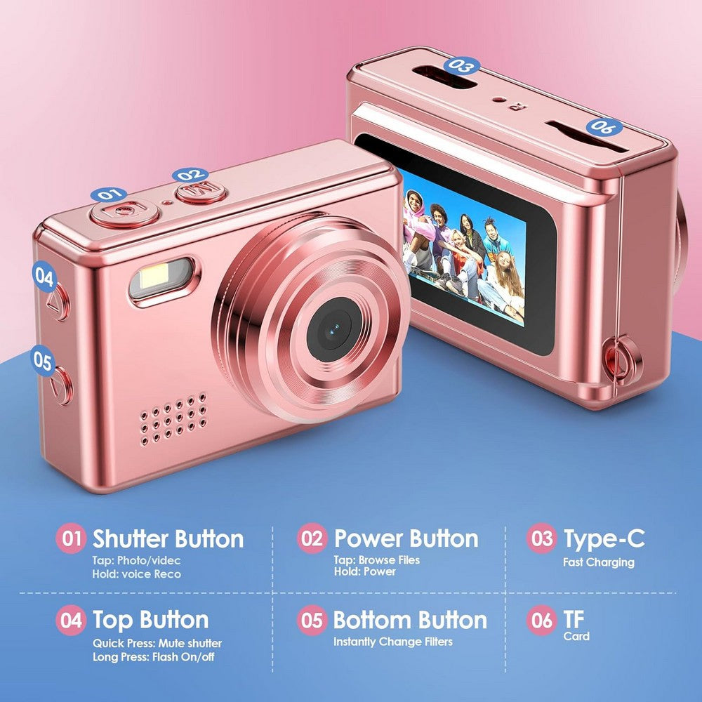 Mini Thumb Digital Camera 2MP Keychain Camera for Vlog and Travel-Pink