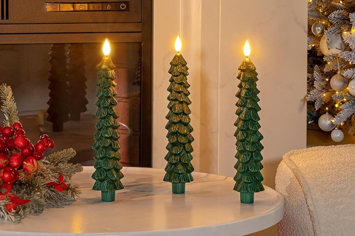 4Pcs Christmas Tree Candles LED Flameless Taper Candles 3D Wick Lifelike Leaves Dinner Xmas Holiday Decoration
