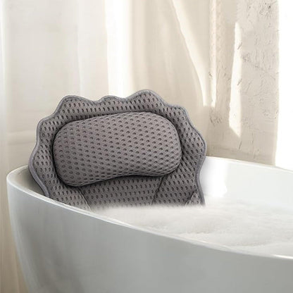 Bath Pillow with Headrest and 6 Suction Cups for Tub Support and Relaxation Grey