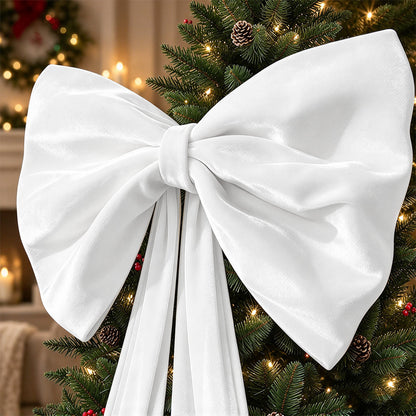 Oversized Velvet Christmas Tree Bow with Long Streamers - White