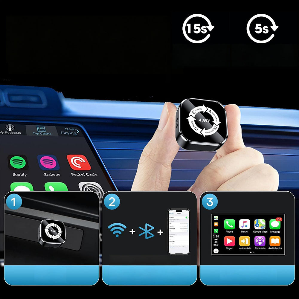 4 in 1 Wireless CarPlay Android Auto AirPlay MirrorLink Adapter - White
