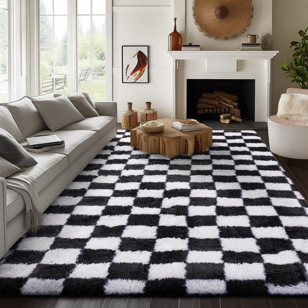 Checkered Plush Shaggy Rug Thickened Non Slip Carpet for Living Room Bedroom-Black