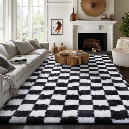 Checkered Plush Shaggy Rug Thickened Non Slip Carpet for Living Room Bedroom-Black