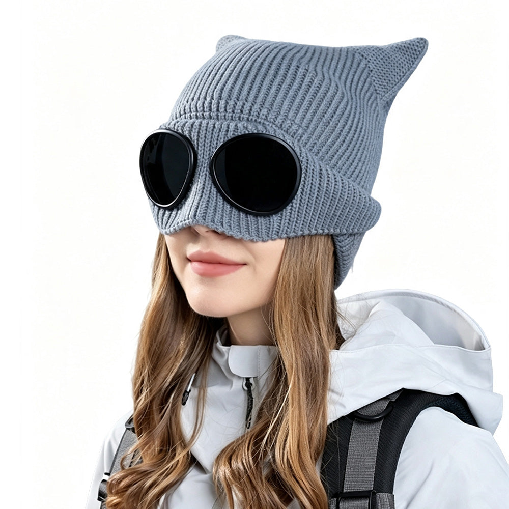 Double Layer Knit Winter Beanie with Goggles - Grey