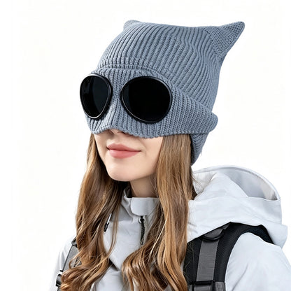 Double Layer Knit Winter Beanie with Goggles - Grey