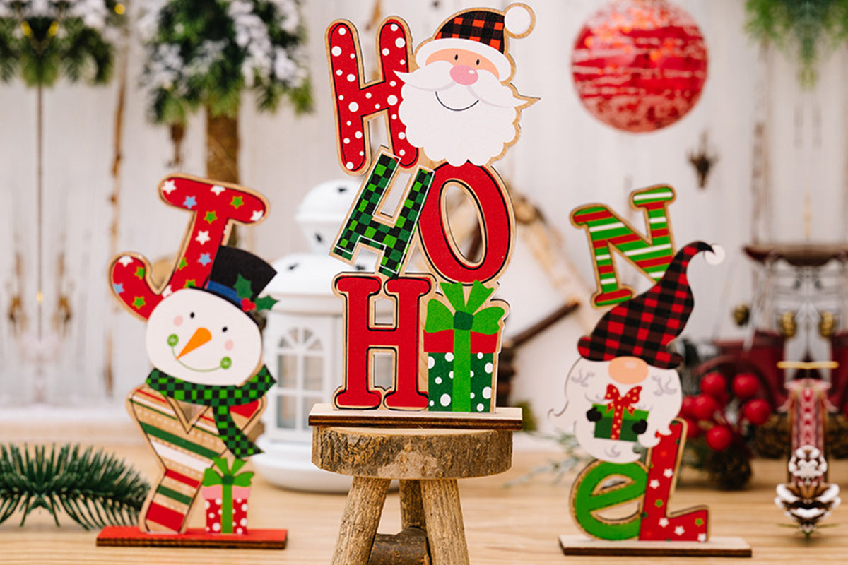 Christmas Wooden Letter Figurine Ornaments Set with Santa Snowman Gnome Table Decoration Signs-Santa