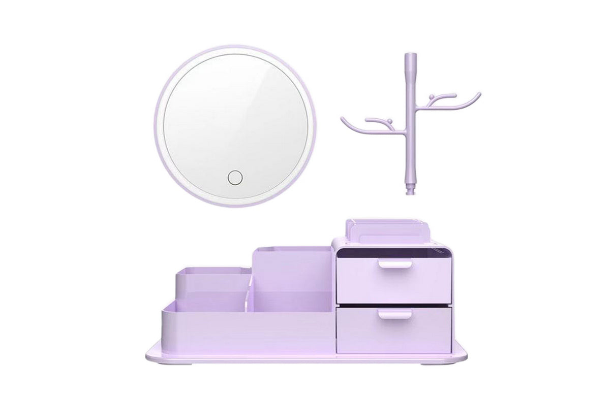 Portable Makeup Storage Box With LED Light Up Mirror Storage Makeup Brushes-Purple