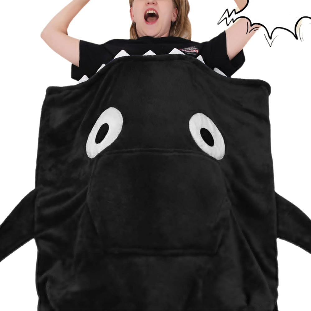 Shark Hoodie Blanket Cartoon Sleeping Wearable Adult Throw Blanket Black
