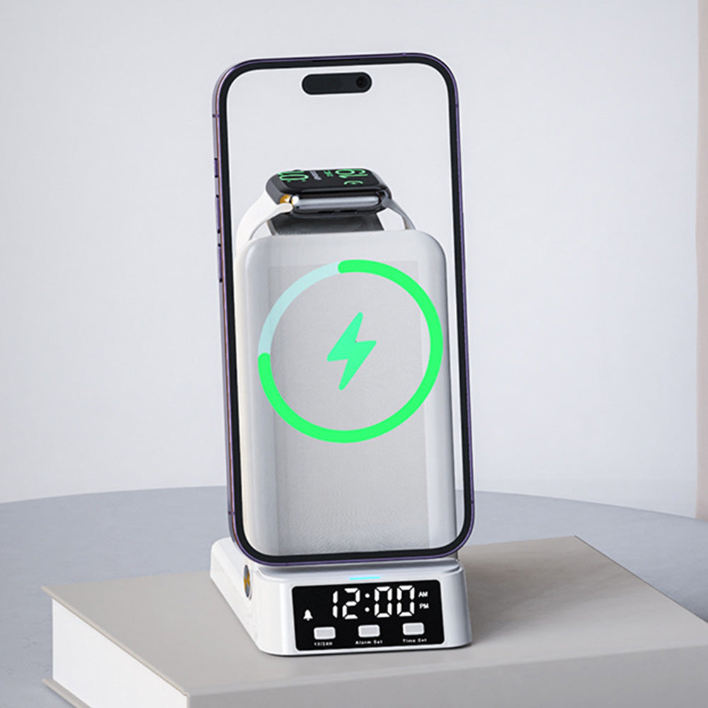 3-in-1 Wireless Charging Station with Digital Alarm Clock Fast Charging Dock for Samsung White