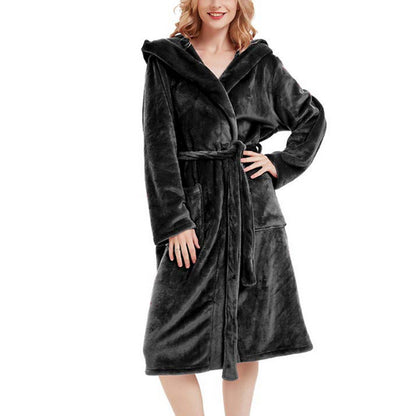 Warm Hooded Bathrobe Long Cozy Spa Hoodie Robes for Ladies Black