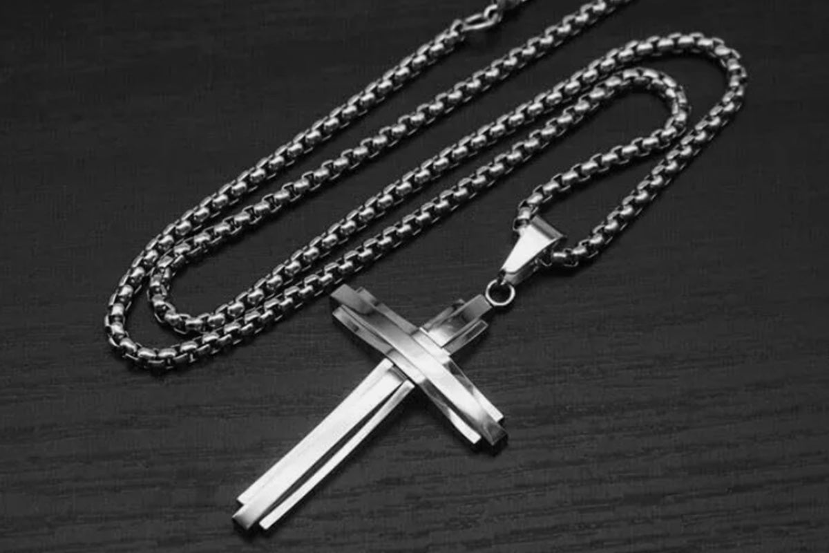 Crucifix Pendant Necklace Titanium Steel Unisex Chain -Silver