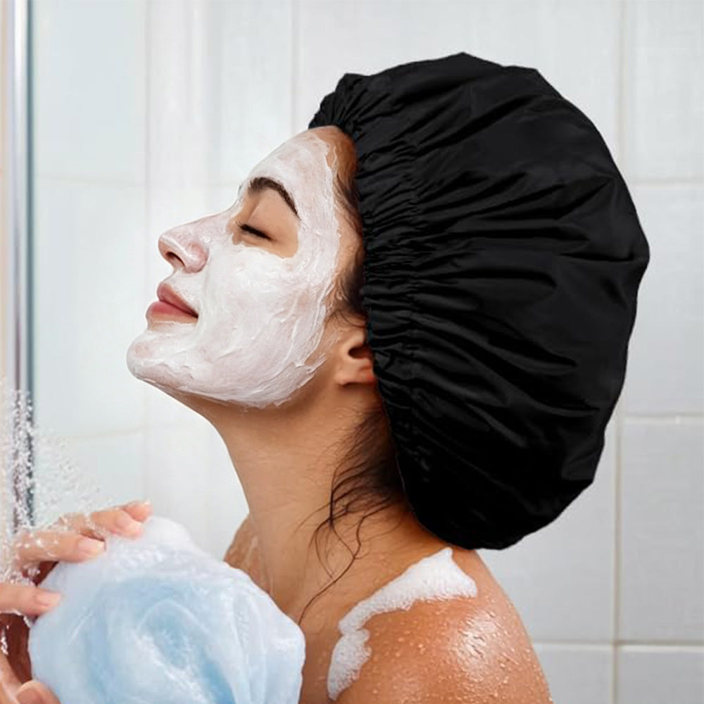 Water-Resistant Double-Layer Shower Cap - Black