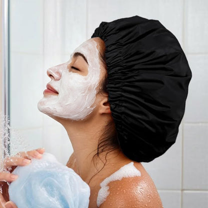 Water-Resistant Double-Layer Shower Cap - Black