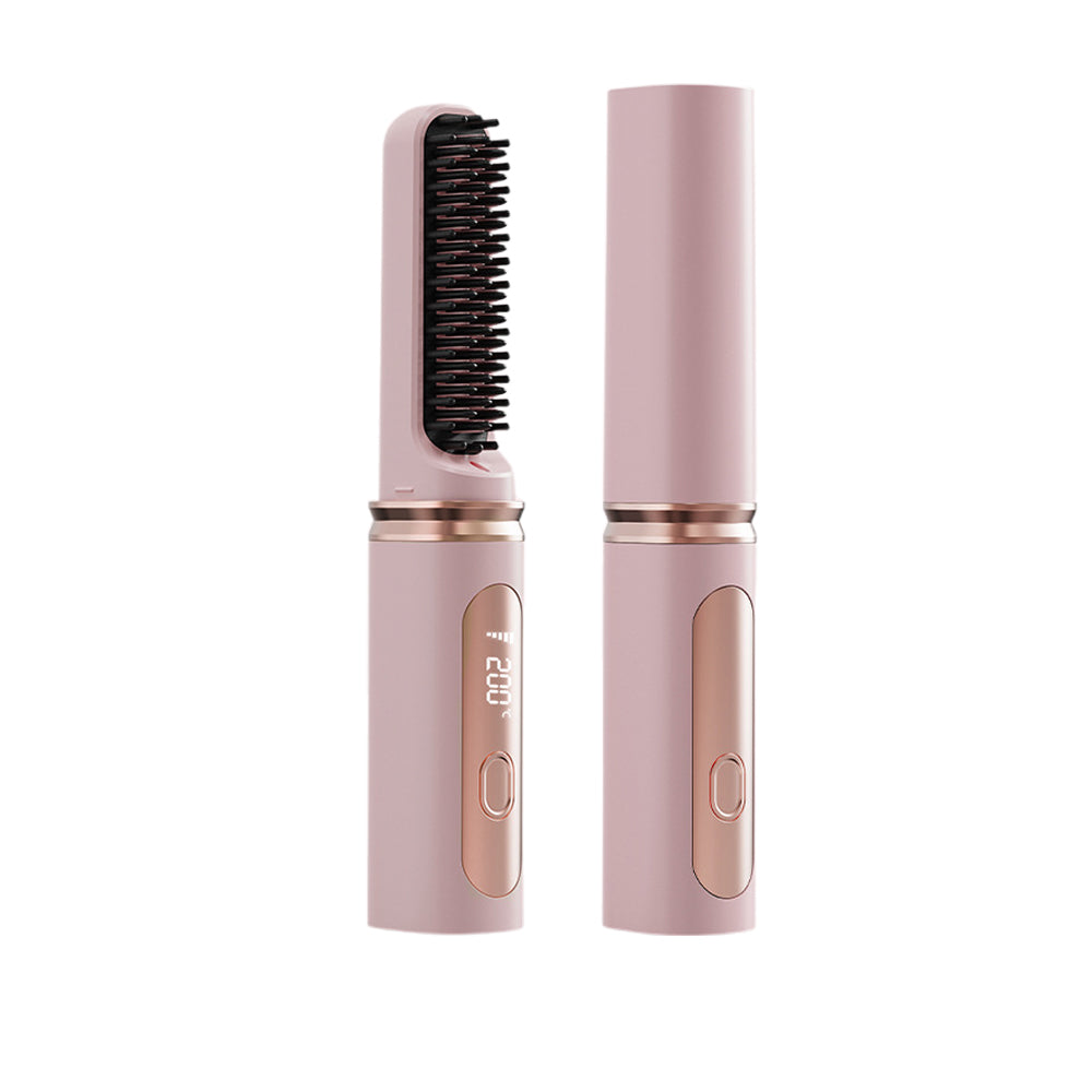 2-in-1 Wireless Hair Straightener Comb with Negative Ion for Home and Travel-Pink