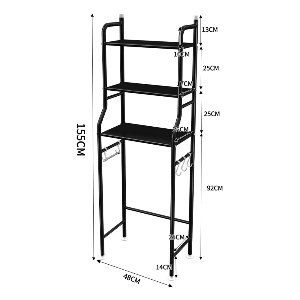 3 Tier Shelf Over Toilet Storage Rack With Paper Holder And Hooks-Black