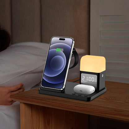 Wireless Charging Station with Alarm Clock Night Light 6-in-1 Charging Dock for Smartphone/Watch/Earbuds
