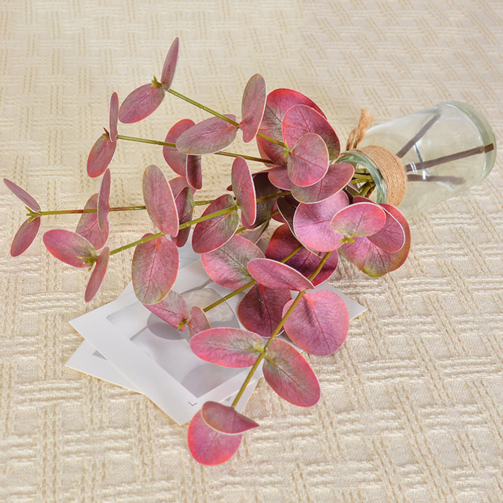 Realistic Artificial Eucalyptus Plant 3-Branch Faux Water Decorative Leaves-red
