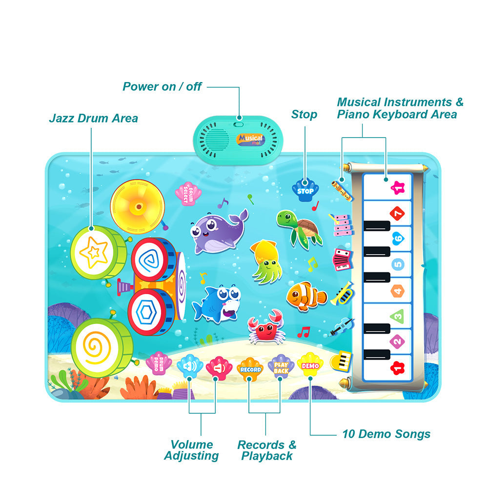 2-in-1 Piano Drum Mat Music Touch Music Mat Toys with 6 Instrument Sounds for Kids Blue